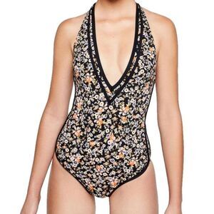 NEW BCBGeneration Women's Floral Stripe Deep Plunge Racerback Swimsuit  S Black